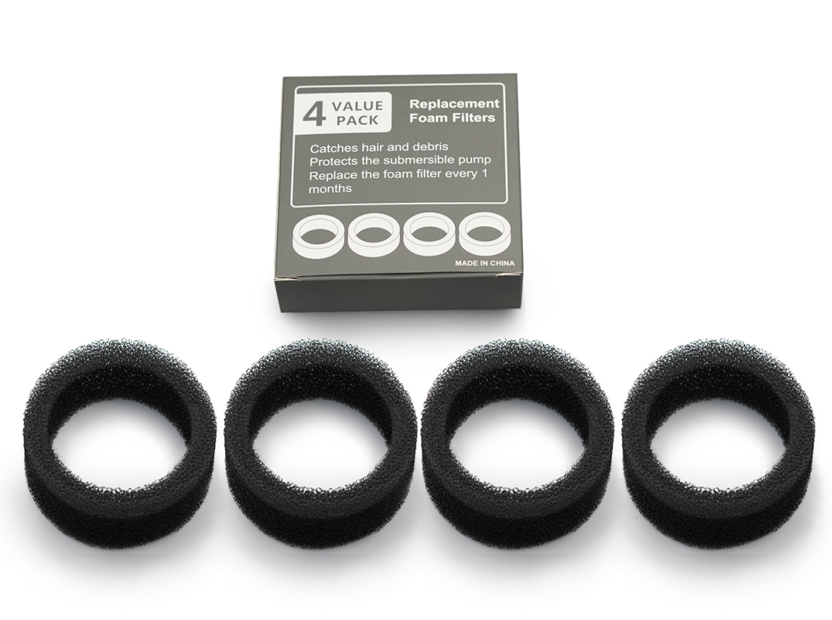 Four replacement foam filters with a packaging box on a white background at Pet Servo