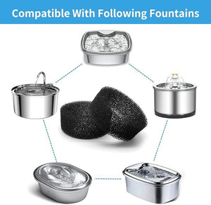 Set of fountain filters and accessories compatible with various pet fountains on a white background at Pet Servo