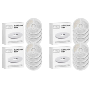 Multiple pet fountain filters with packaging on a white background at Pet Servo