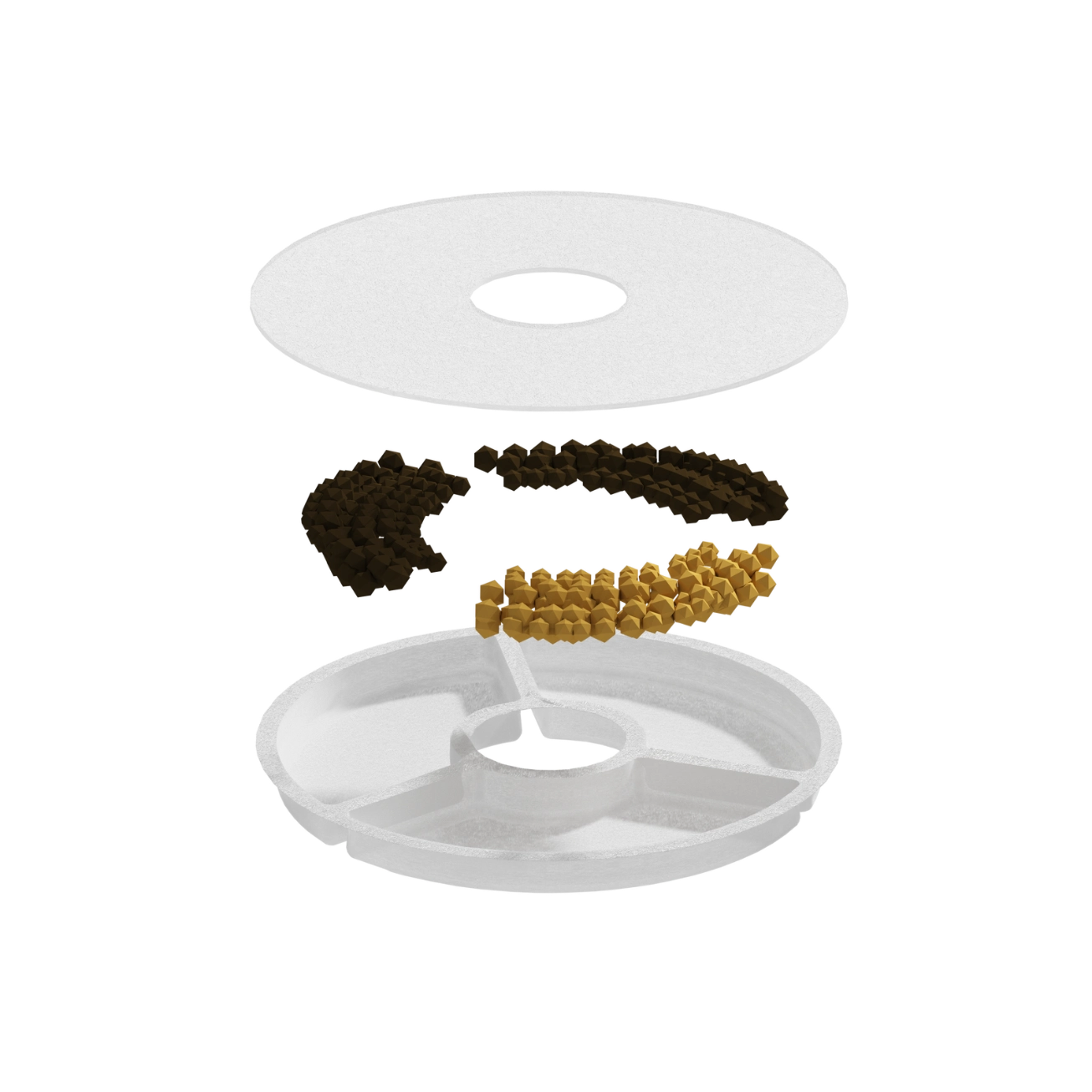 A 3D exploded view diagram of a circular compartmentalized container or tray, showing a white outer ring, a white segmented base, and two rows of small beads or pellets in dark brown and tan, isolated on a solid white background at Pet Servo