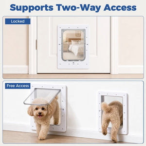 A pet door shown in two usage states on a white interior wall: a top panel labeled 'Locked' with a small dog visible through the window, and a bottom panel labeled 'Free Access' showing a fluffy beige dog entering from the bottom and another dog exiting from the top. Large text at the top reads 'Supports Two-Way Access at Pet Servo