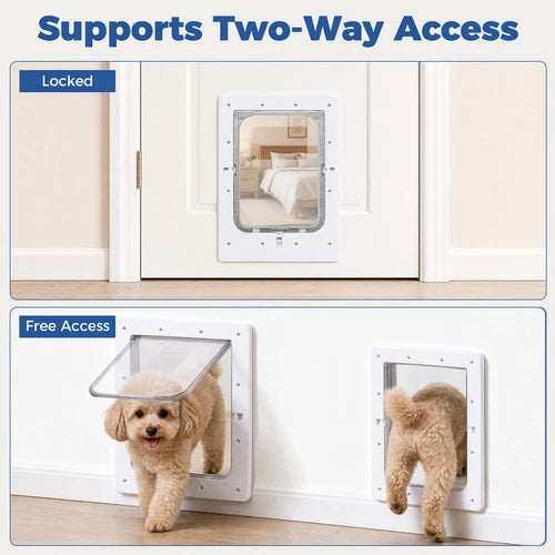A pet door shown in two usage states on a white interior wall: a top panel labeled 'Locked' with a small dog visible through the window, and a bottom panel labeled 'Free Access' showing a fluffy beige dog entering from the bottom and another dog exiting from the top. Large text at the top reads 'Supports Two-Way Access at Pet Servo