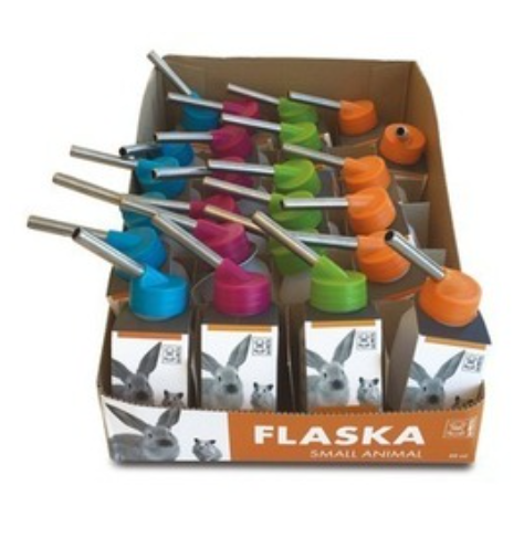 Box of FLASKA small animal water bottles with colorful caps on a white background at Pet Servo
