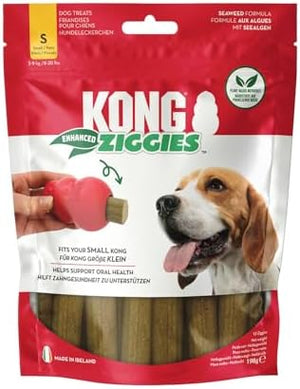 A package of Kong Ziggies Enhanced dog treats in a resealable stand-up pouch. The packaging is primarily red and white, featuring the Kong brand logo, a picture of a beagle dog, and a hand holding a pink heart-shaped treat at Pet Servo