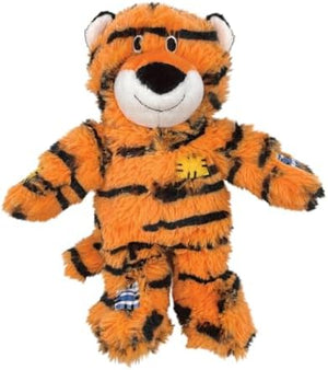 A plush tiger toy in an orange and black striped costume, featuring a white snout and ears, black embroidered eyes and nose, and a small yellow chest emblem, isolated on a white background at Pet Servo