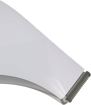 Close-up of a white electric hair trimmer with a gray comb guard, showing the cutting edge against a plain white background at Pet Servo