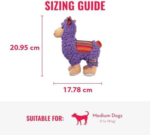 Sizing guide for a plush llama dog toy, showing dimensions of 20.95 cm in height and 17 at Pet Servo