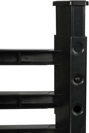 Close-up of a black metal or plastic shelving unit corner with horizontal shelves and a vertical support post on a white background at Pet Servo