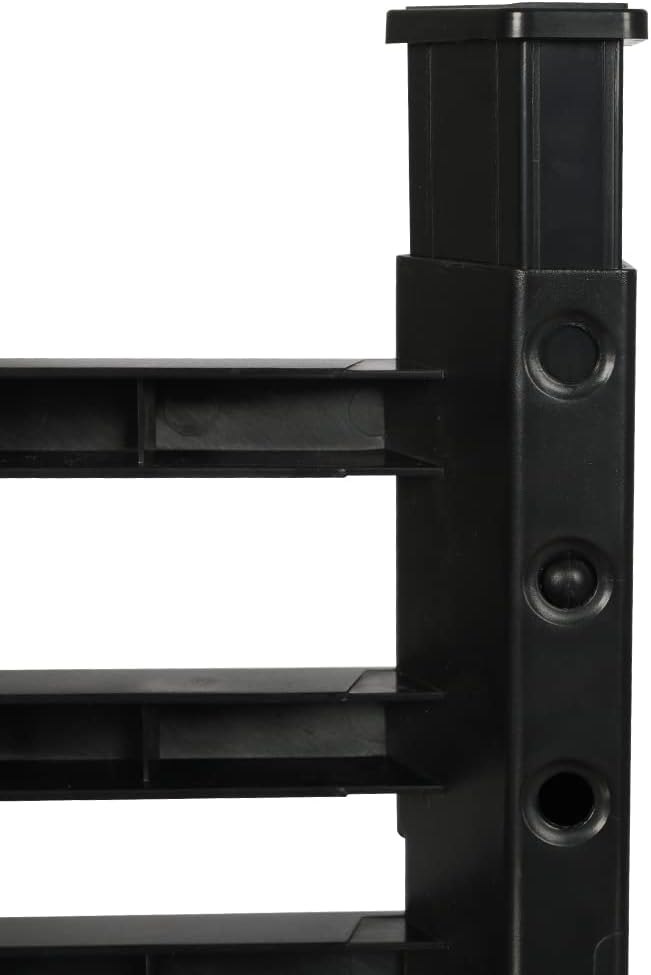 Close-up of a black metal or plastic shelving unit corner with horizontal shelves and a vertical support post on a white background at Pet Servo