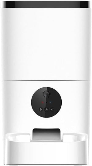 A white automatic pet feeder or dispenser with a black circular control panel and a black top trim, shown against a plain white background at Pet Servo