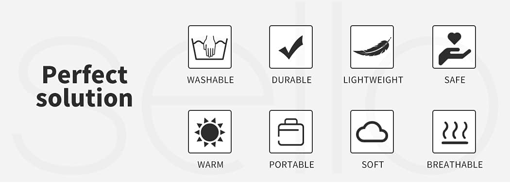 Set of icons representing washable, durable, lightweight, safe, warm, portable, soft, and breathable properties on a white background at Pet Servo