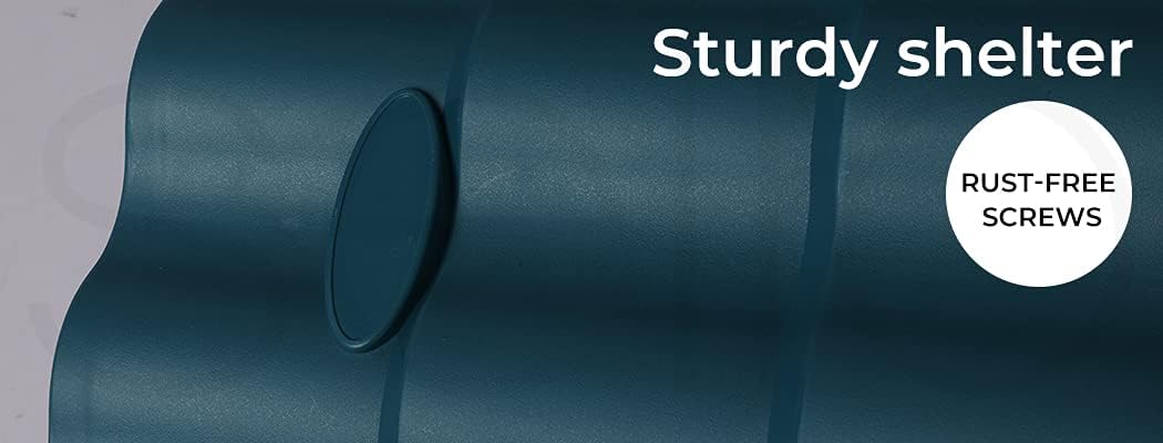 Dark teal metal shelter panel with a circular cutout and text overlays reading 'Sturdy shelter' and 'RUST-FREE SCREWS' at Pet Servo
