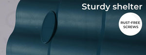 Dark teal metal shelter panel with a circular cutout and text overlays reading 'Sturdy shelter' and 'RUST-FREE SCREWS' at Pet Servo