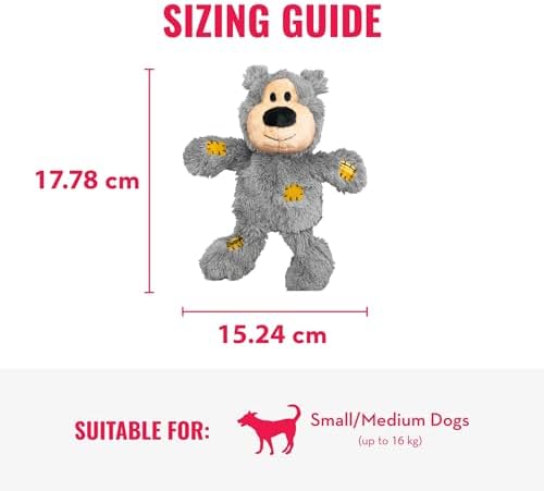 A sizing guide graphic for a gray plush dog toy, showing the toy centered with red dimension lines and measurements of 17.78 cm in height and 15 at Pet Servo