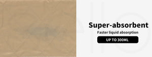 A tan super-absorbent pad shown on the left, with text on the right reading 'Super-absorbent', 'Faster liquid absorption', and 'UP TO 300ML' on a white background at Pet Servo