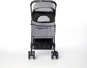 A pet stroller with a gray textured fabric canopy and black frame, featuring mesh windows and four black wheels, shown against a plain white background at Pet Servo