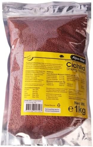 Bag of Cichlid sinking pellets with a yellow label on a white background at Pet Servo