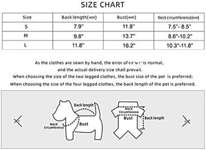 Size chart for pet clothing with measurements in millimeters at Pet Servo