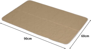 A tan quilted rectangular mat shown on a white background with dimension arrows and labels indicating 90 cm by 60 cm at Pet Servo