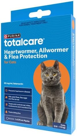 Purina Totalcare heartworm, allwormer & flea protection for cats packaging with a cat illustration on a blue background at Pet Servo