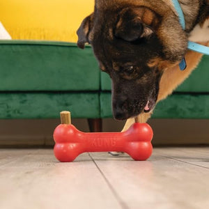 Dog sniffing a red KONG toy on a tiled floor with a green couch in the background at Pet Servo