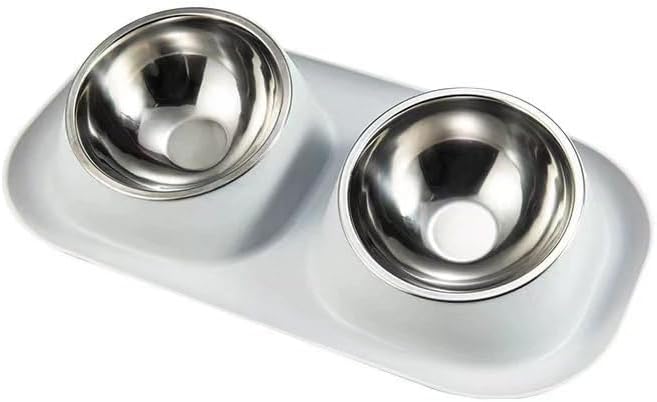 A two-bowl pet feeder and waterer dish with stainless steel bowls set in a white plastic tray, shown on a plain white background at Pet Servo