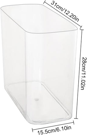 Clear plastic container with dimensions labeled on a white background at Pet Servo