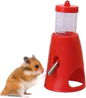 Red pet water bottle with a small rodent next to it on a white background at Pet Servo