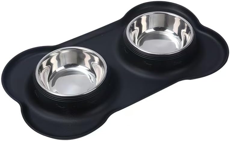 A black silicone pet feeder and water bowl holder with two stainless steel bowls, shown on a plain white background at Pet Servo