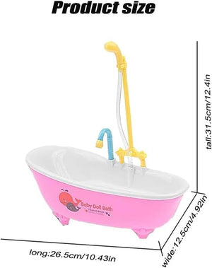 Pink baby doll bathtub with toy faucet and measurements on a white background at Pet Servo