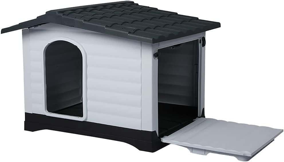 A small plastic doghouse with a white textured exterior, dark gray roof, black base, and an open front door with a hinged light gray flap, shown on a plain white background at Pet Servo