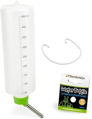 Water bottle with green base and hanging hook, featuring Bainbridge branding at Pet Servo