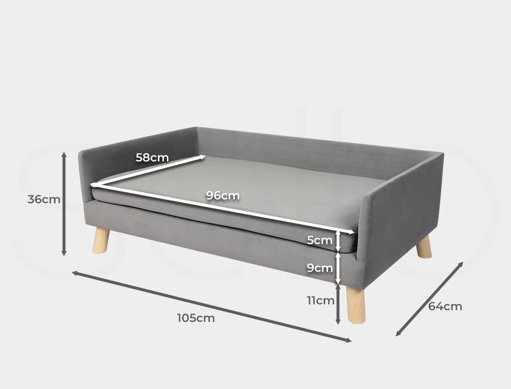 Gray pet bed with dimensions marked on a white background at Pet Servo