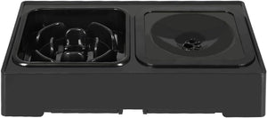 A black dual-compartment pet water fountain with one bowl featuring a spiral pattern and the other a smooth circular bowl, shown against a plain white background at Pet Servo