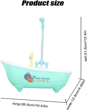 Measurement chart of a baby bathtub with toy faucet and dimensions labeled at Pet Servo