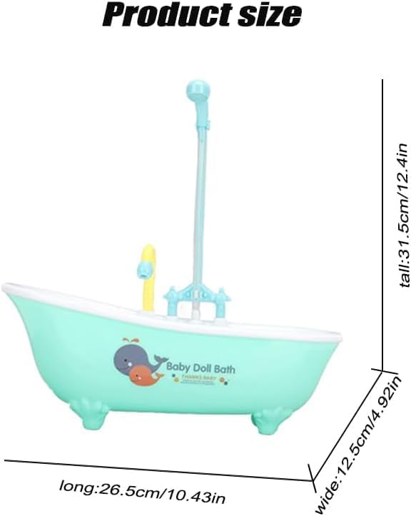 Measurement chart of a baby bathtub with toy faucet and dimensions labeled at Pet Servo