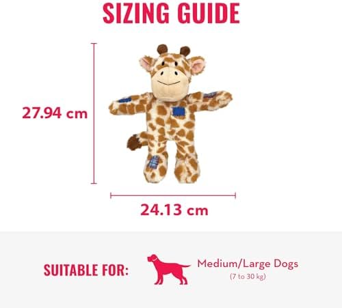 Sizing guide for a plush giraffe toy, showing height and width measurements in centimeters, with text indicating suitability for medium/large dogs at Pet Servo
