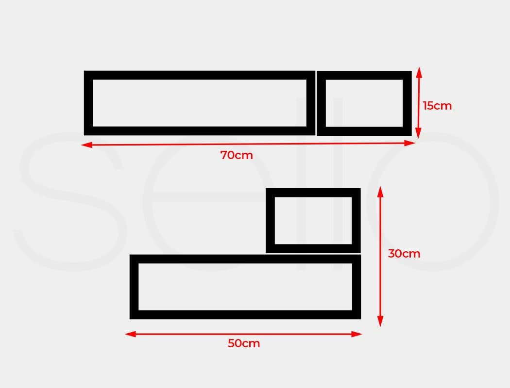 A simple black-and-white product measurement diagram showing two rectangular panel pieces with red dimension arrows and labels: 70 cm by 15 cm and 50 cm by 30 cm, on a light gray background at Pet Servo