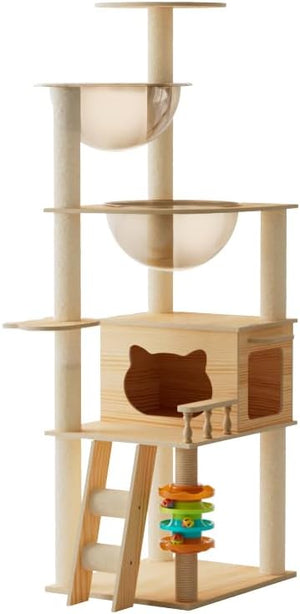 Wooden cat tree with shelves and a small platform on a white background at Pet Servo