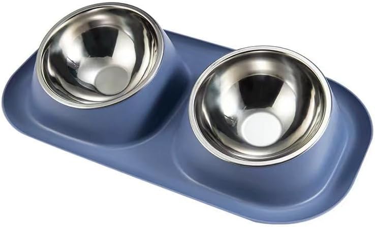 A blue dual pet feeder and waterer bowl set with two stainless steel bowls on a matching blue tray, shown against a plain white background at Pet Servo