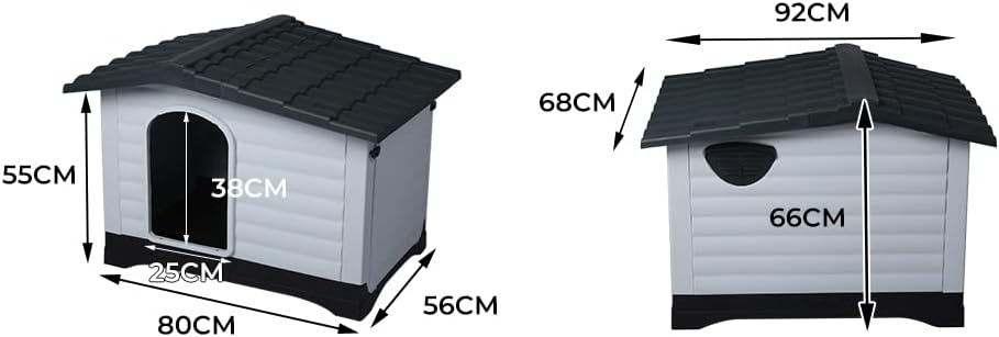 Two views of a small doghouse with dimension labels: one front view showing 55CM height, 38CM door opening, 25CM width, and 56CM depth; the other side view showing 92CM width, 68CM height, and 66CM height. The doghouse has a dark gray roof, white siding, and black base details at Pet Servo