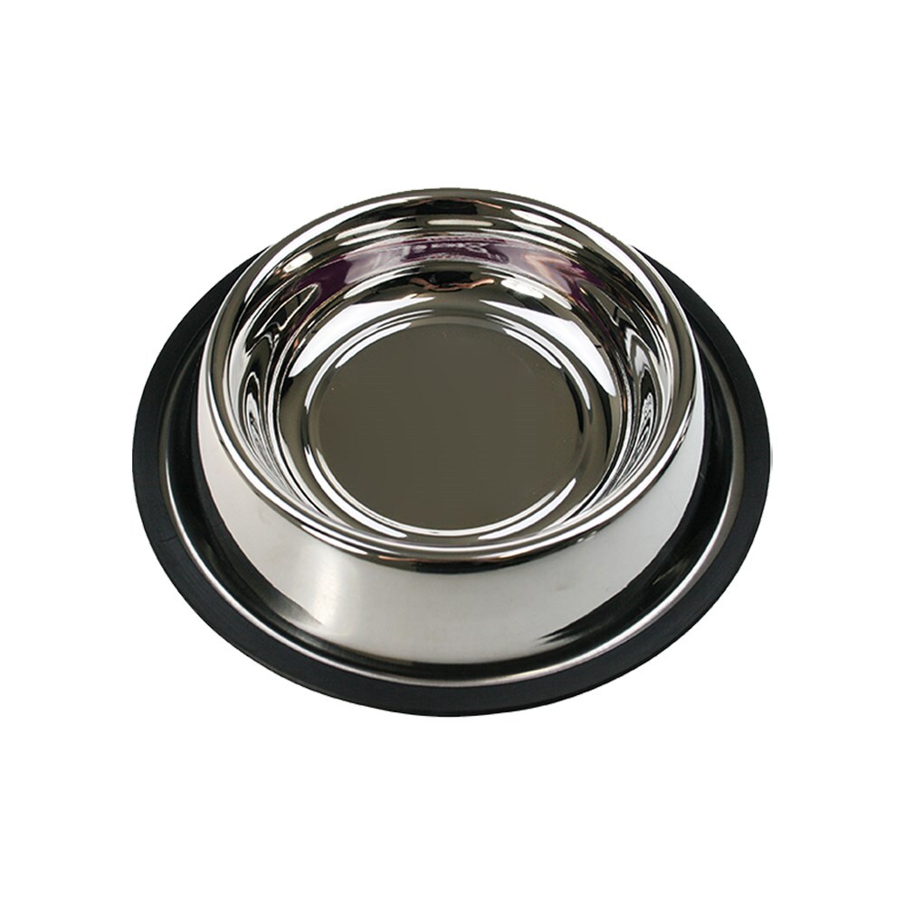 Stainless steel dog bowl with black rubber rim on a white background at Pet Servo