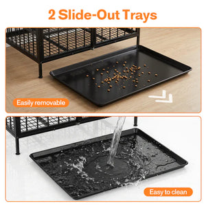 Slide-out trays for a pet cage with text indicating they are easily removable and easy to clean at Pet Servo
