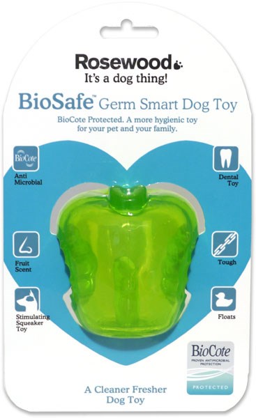BioSafe Germ Smart Dog Toy by Rosewood in a green apple shape, packaged on a white and blue backing card with product features and icons at Pet Servo