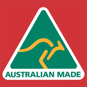 A triangular Australian Made logo sticker or decal on a solid red background. The design features a green triangle with a yellow kangaroo silhouette, a white border, and the text 'AUSTRALIAN MADE' in green at the bottom.