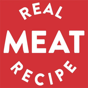 Red background with white text 'REAL MEAT RECIPE'