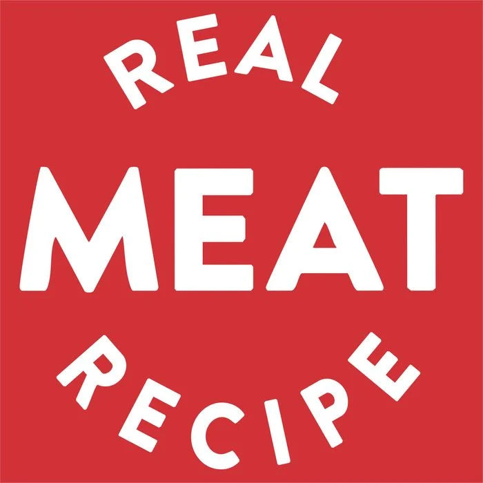 Red background with white text 'REAL MEAT RECIPE'