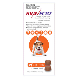 Bravecto 2 chews packaging for small dogs with a dog illustration on a white background at Pet Servo