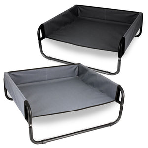 Two pet beds with black frames and gray fabric on a white background at Pet Servo