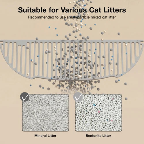 A gray plastic cat litter tray divider shown on a beige background with text stating it is suitable for various cat litters and recommended for small-particle mixed cat litter. Two inset boxes below show mineral litter and bentonite litter textures with check marks indicating compatibility at Pet Servo